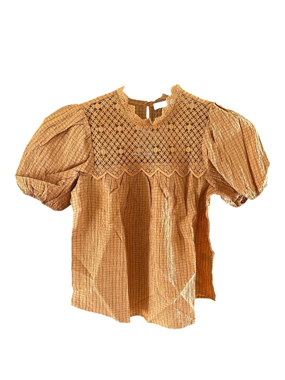 Woven Lace Yoke Puff-Sleeve Top - Tan